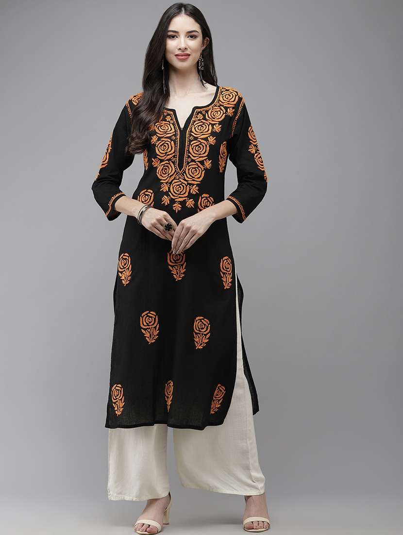 women chikankari three quarter sleeve straight kurta - 21941017 -  Standard Image - 1