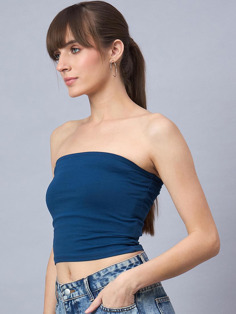 women blue solid crop tube top - 21941089 - Standard Image - 1