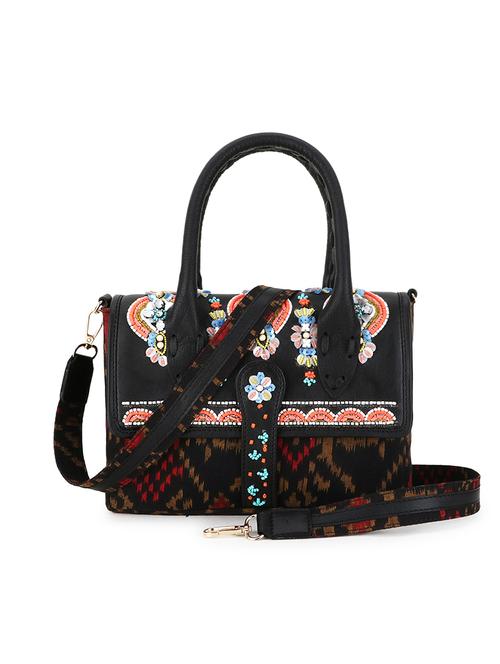black embroidered satchel handbag with detachable strap - 21941336 - Standard Image - 0