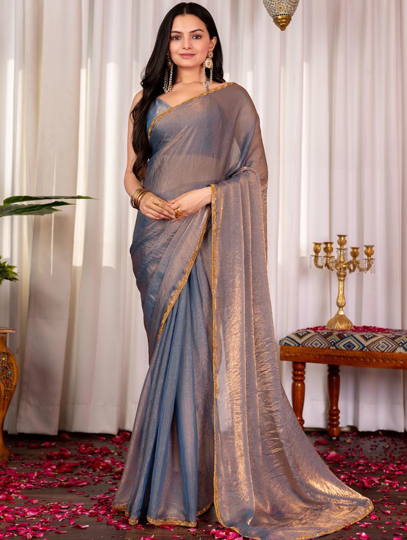 women solid with bordered embellished saree with blouse - 21941337 - Standard Image - 1