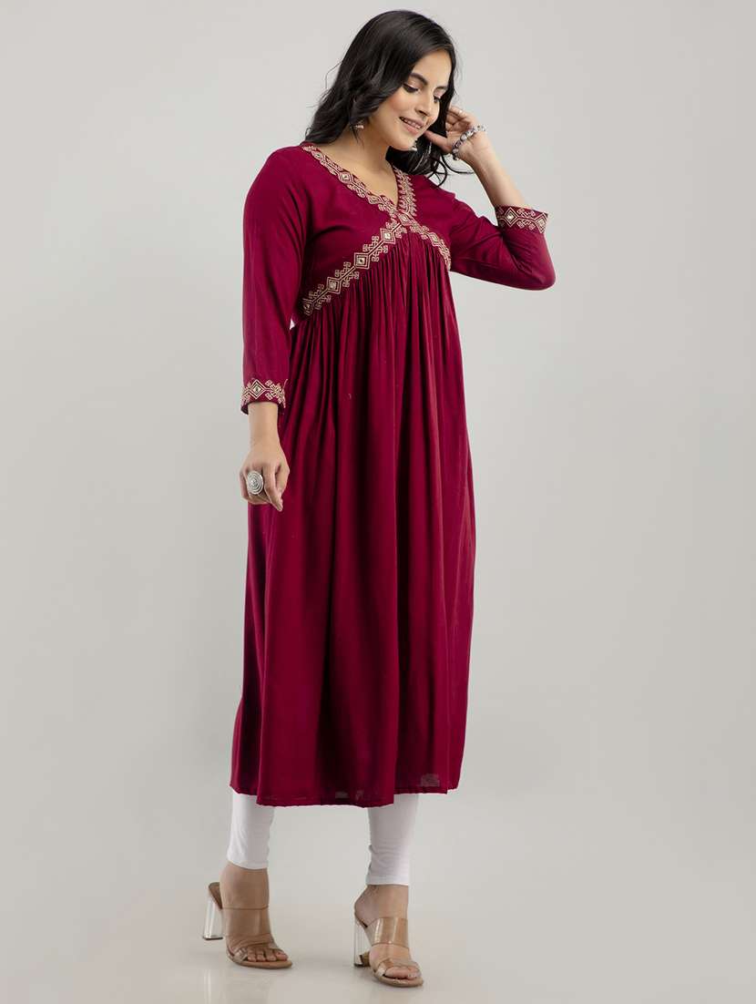 women embroidered three quarter sleeve a-line kurta - 21941362 - Standard Image - 1