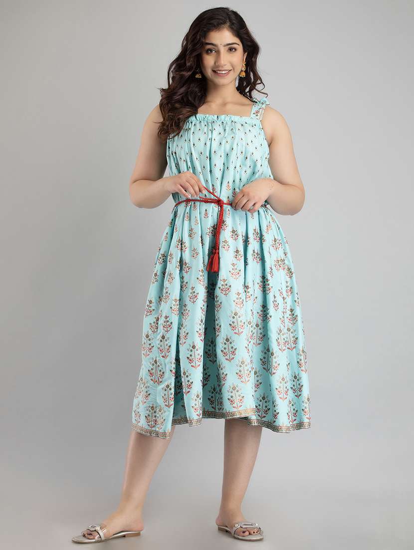 women light blue sleeveless flared ethnic dress - 21941365 - Standard Image - 1