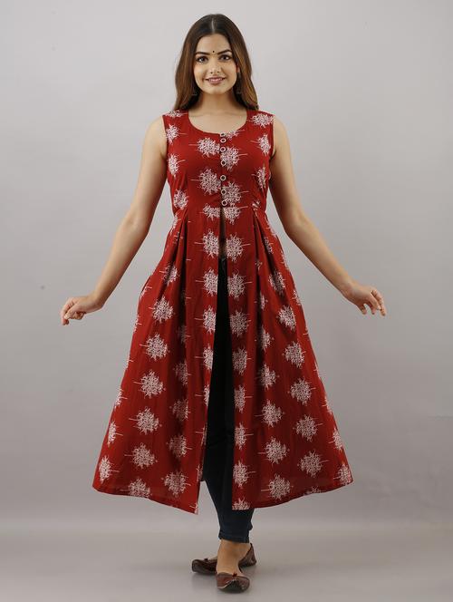 women red printed sleeveless front slit kurta - 21941370 - Standard Image - 0