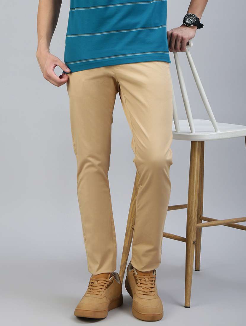 men solid mid rise flat front casual chinos 