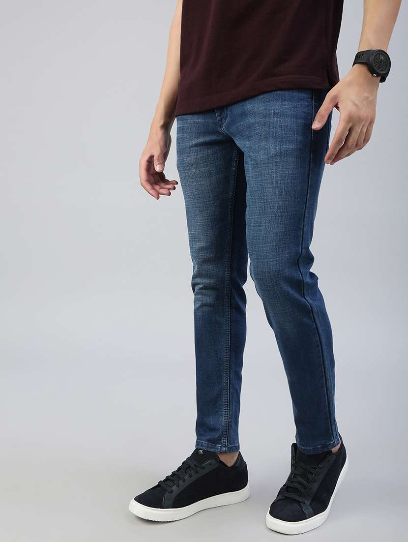 men washed mid rise ankle length jeans