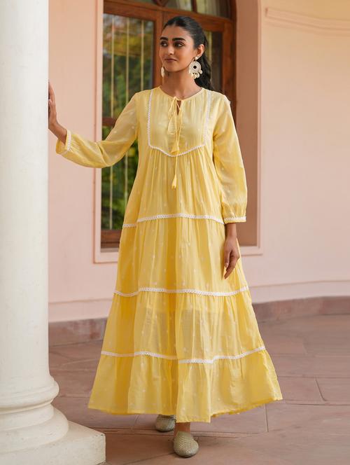 women yellow long sleeve tiered ethnic dress - 21941511 - Standard Image - 0