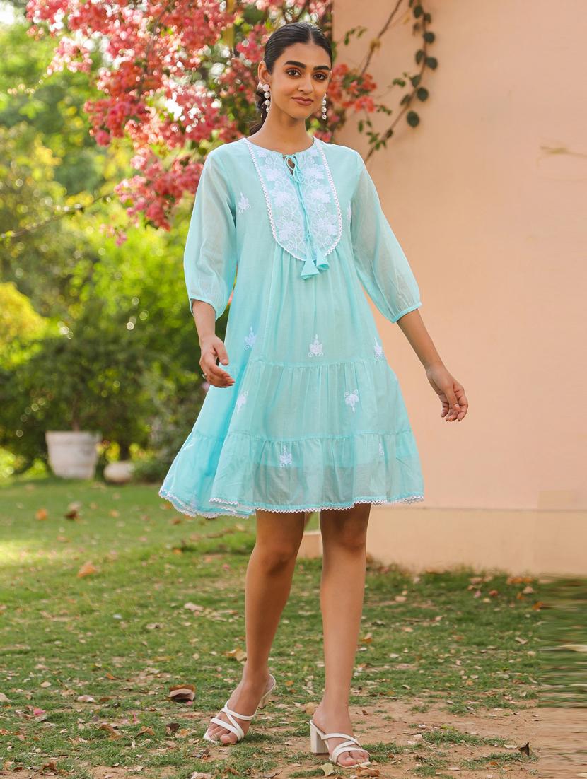 women three quarter sleeve tiered ethnic dress - 21941514 - Standard Image - 1