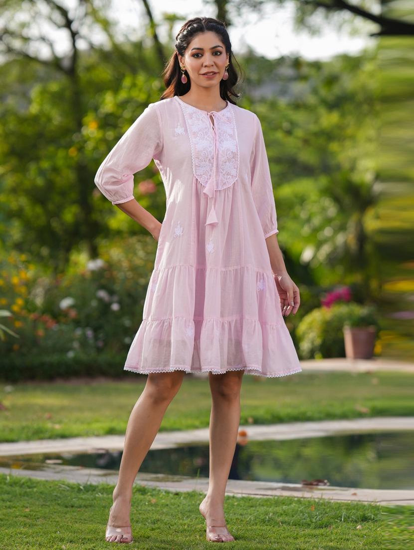 women three quarter sleeve tiered ethnic dress - 21941516 -  Standard Image - 1