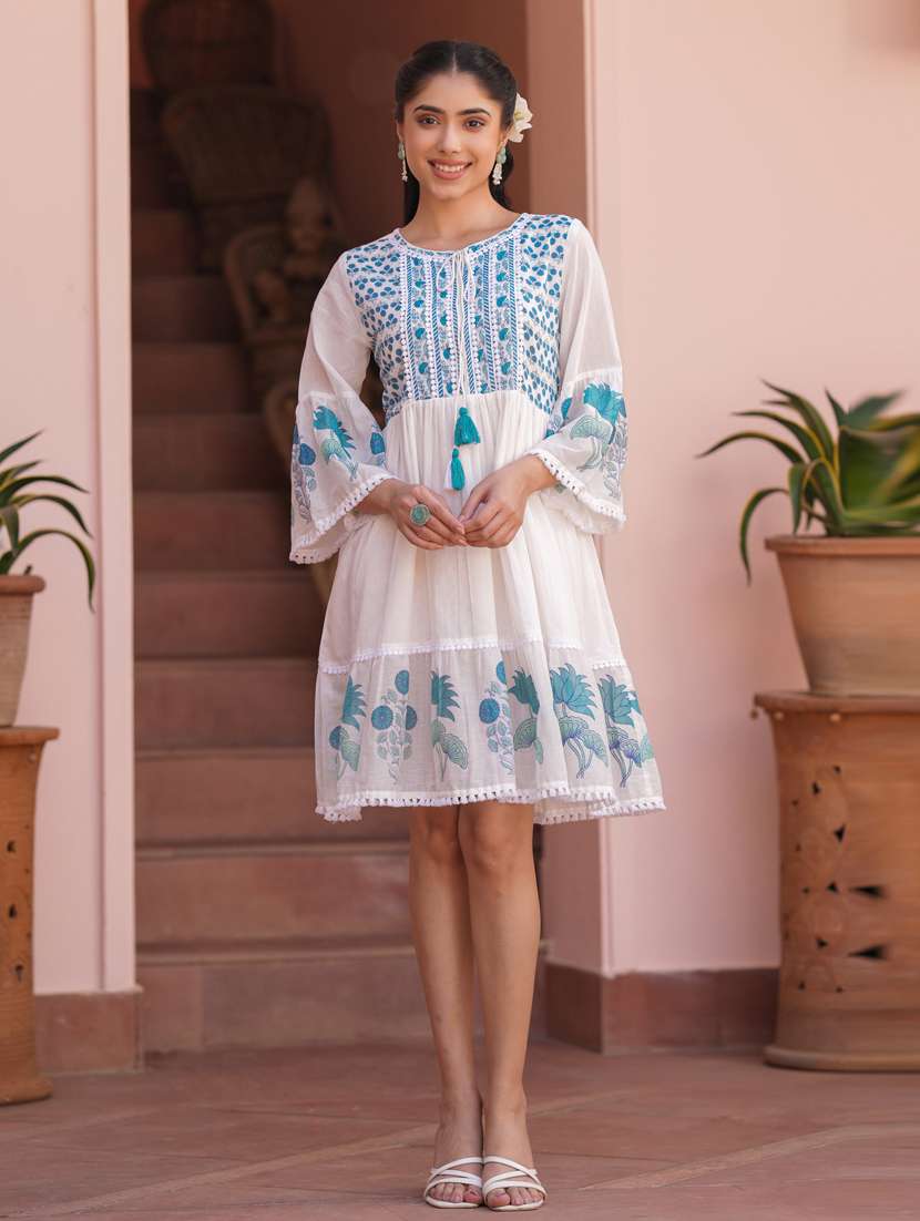 women three quarter sleeve tiered ethnic dress - 21941521 -  Standard Image - 1