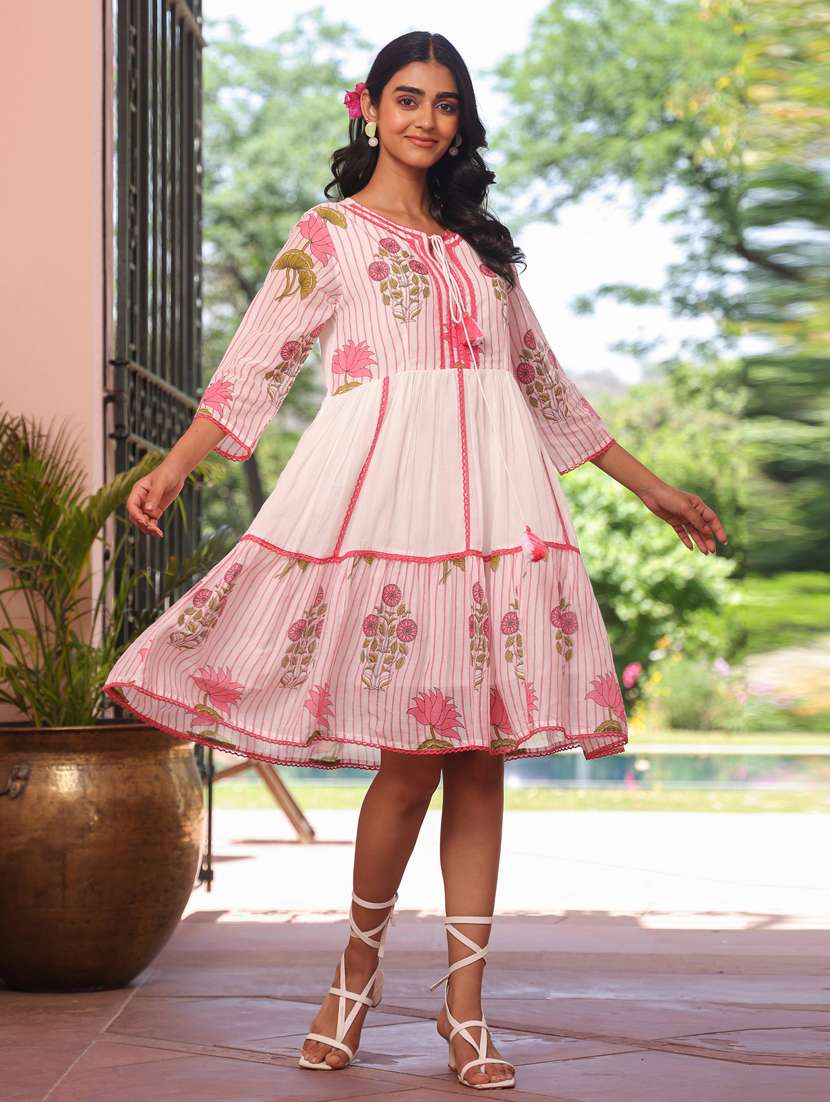 women three quarter sleeve tiered ethnic dress - 21941523 -  Standard Image - 1