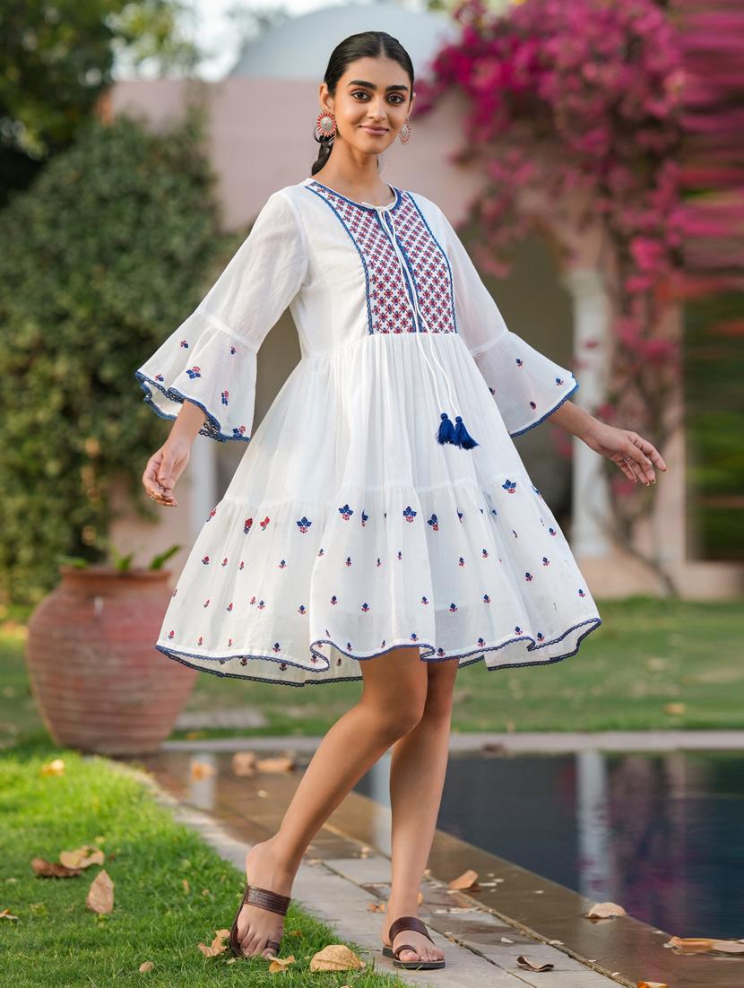 women three quarter sleeve tiered ethnic dress - 21941526 -  Standard Image - 1