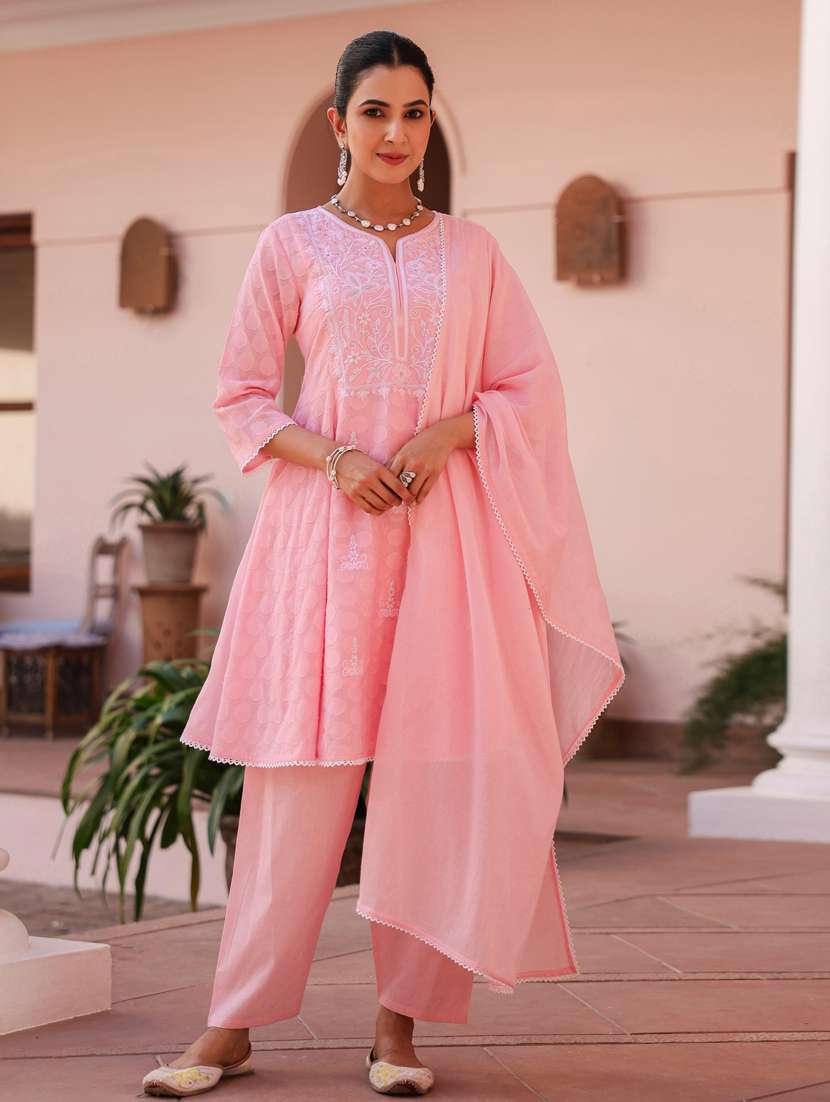 women three quarter sleeve anarkali kurta pant with dupatta set