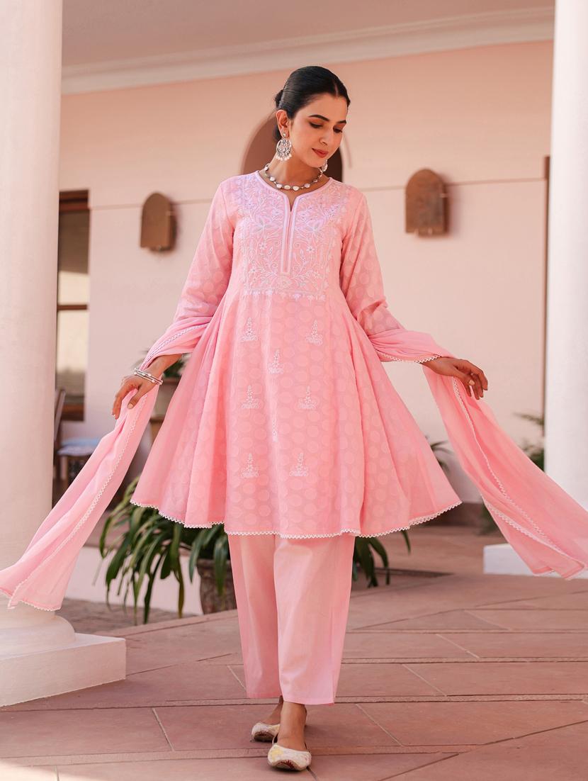 women three quarter sleeve anarkali kurta pant with dupatta set - 21941528 - Standard Image - 1