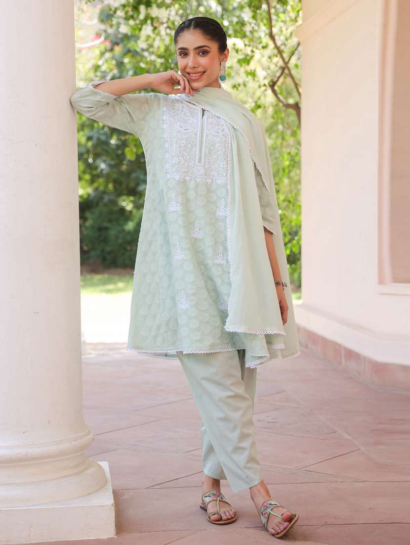 women three quarter sleeve anarkali kurta pant with dupatta set - 21941529 - Standard Image - 1