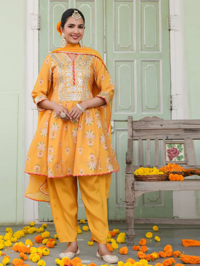 women three quarter sleeve anarkali kurta pant with dupatta set