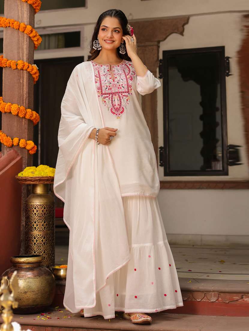 women three quarter sleeve kurta sharara with dupatta set