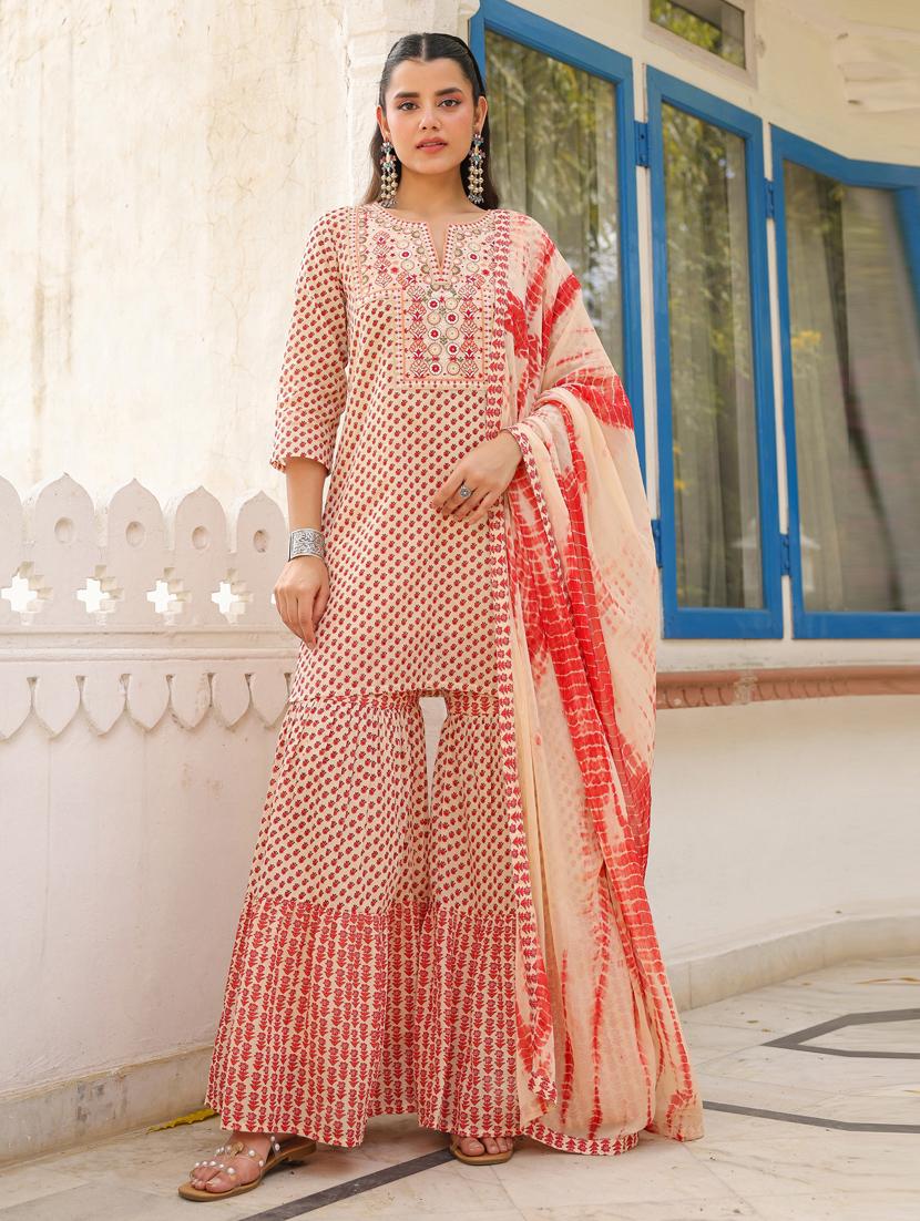 women three quarter sleeve kurta sharara with dupatta set - 21941550 - Standard Image - 1
