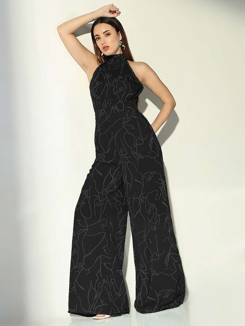 women printed halter neck sleeveless jumpsuit