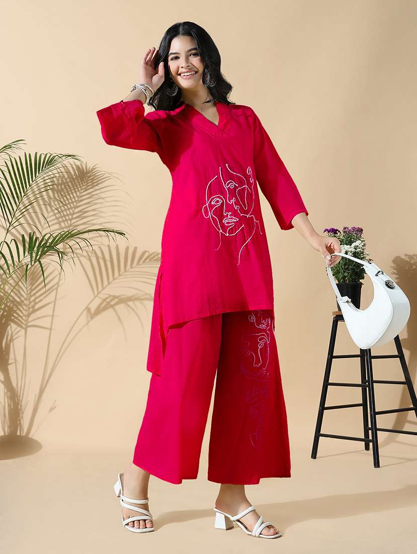 women three quarter sleeve kurta palazzo set