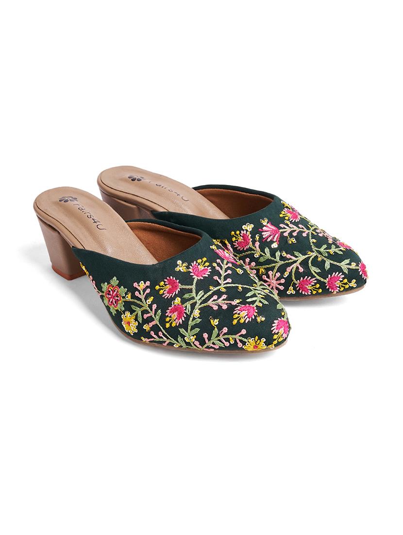 women bottle green embroidered slip on mule - 21941681 - Standard Image - 1