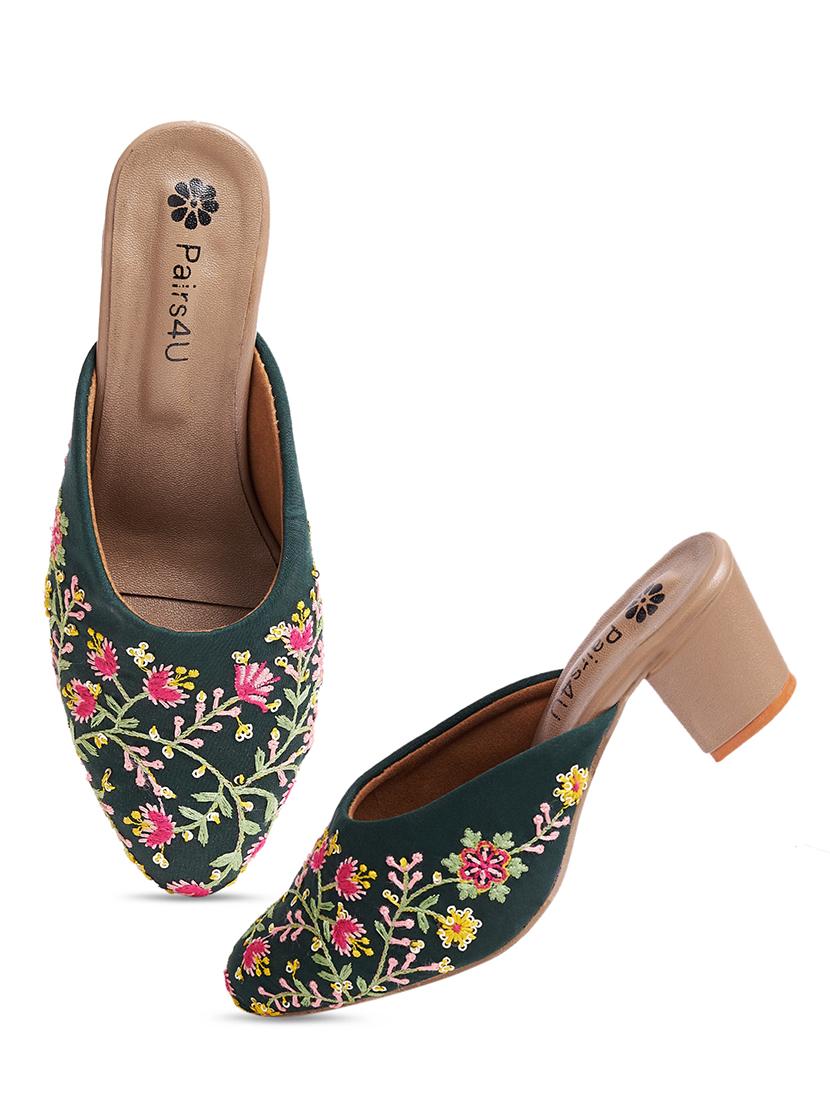 women bottle green embroidered slip on mule - 21941681 - Standard Image - 4