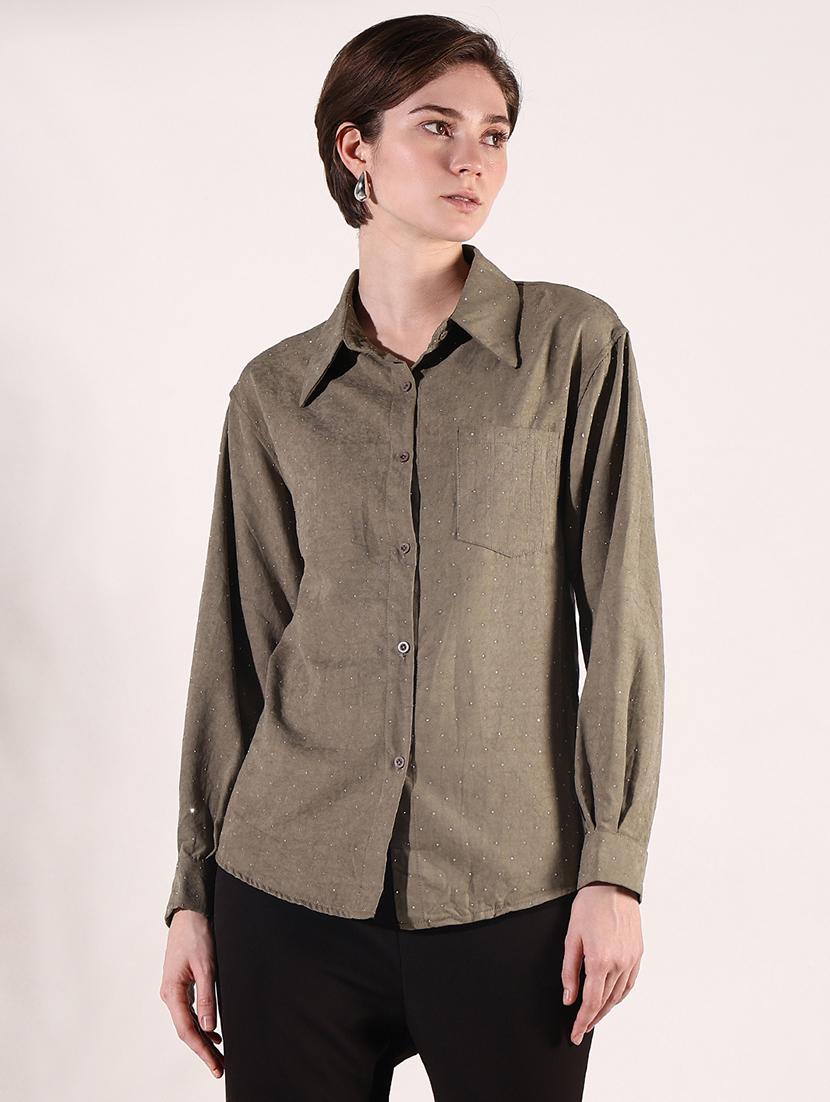 women solid collared long sleeve shirt