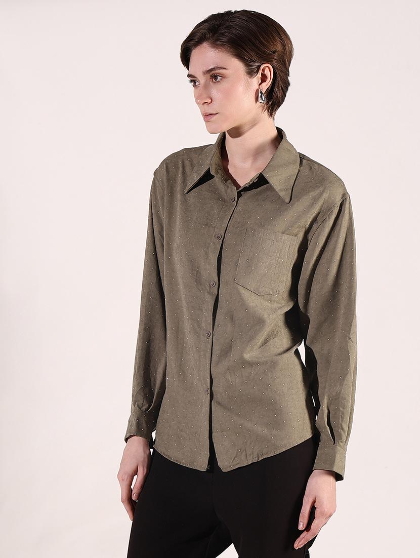 women solid collared long sleeve shirt - 21941697 -  Standard Image - 1