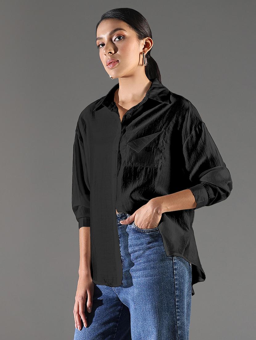 women black solid collared long sleeve ocersized shirt - 21941698 - Standard Image - 1