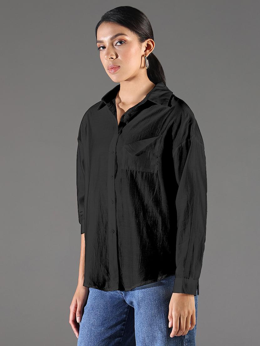 women black solid collared long sleeve ocersized shirt - 21941698 - Standard Image - 4