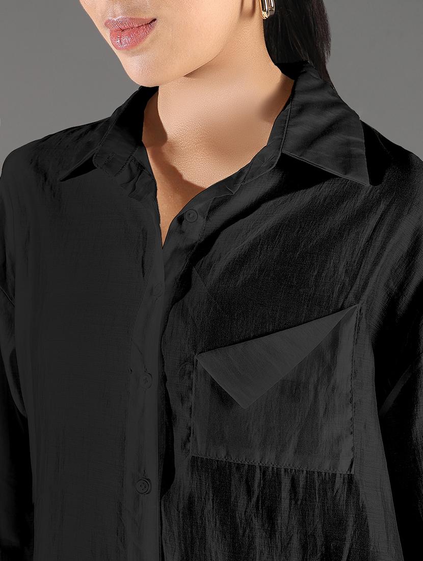 women black solid collared long sleeve ocersized shirt - 21941698 - Standard Image - 6