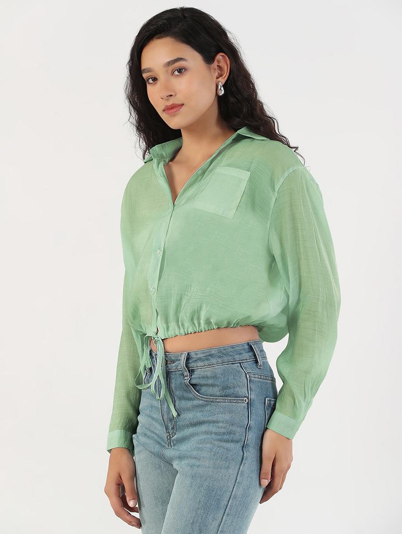women solid collared long sleeve crop shirt - 21941699 - Standard Image - 1