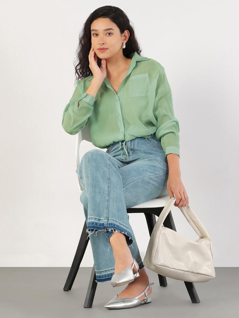 women solid collared long sleeve crop shirt - 21941699 - Standard Image - 4