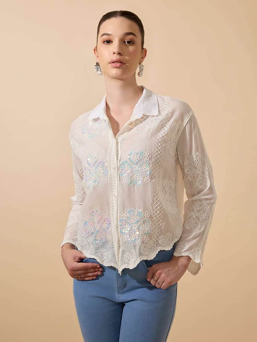women embroidered collared long sleeve shirt - 21941702 -  Standard Image - 1