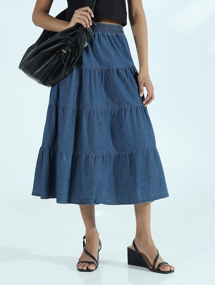 women solid mid rise denim tiered skirt - 21941769 - Zoom Image - 0