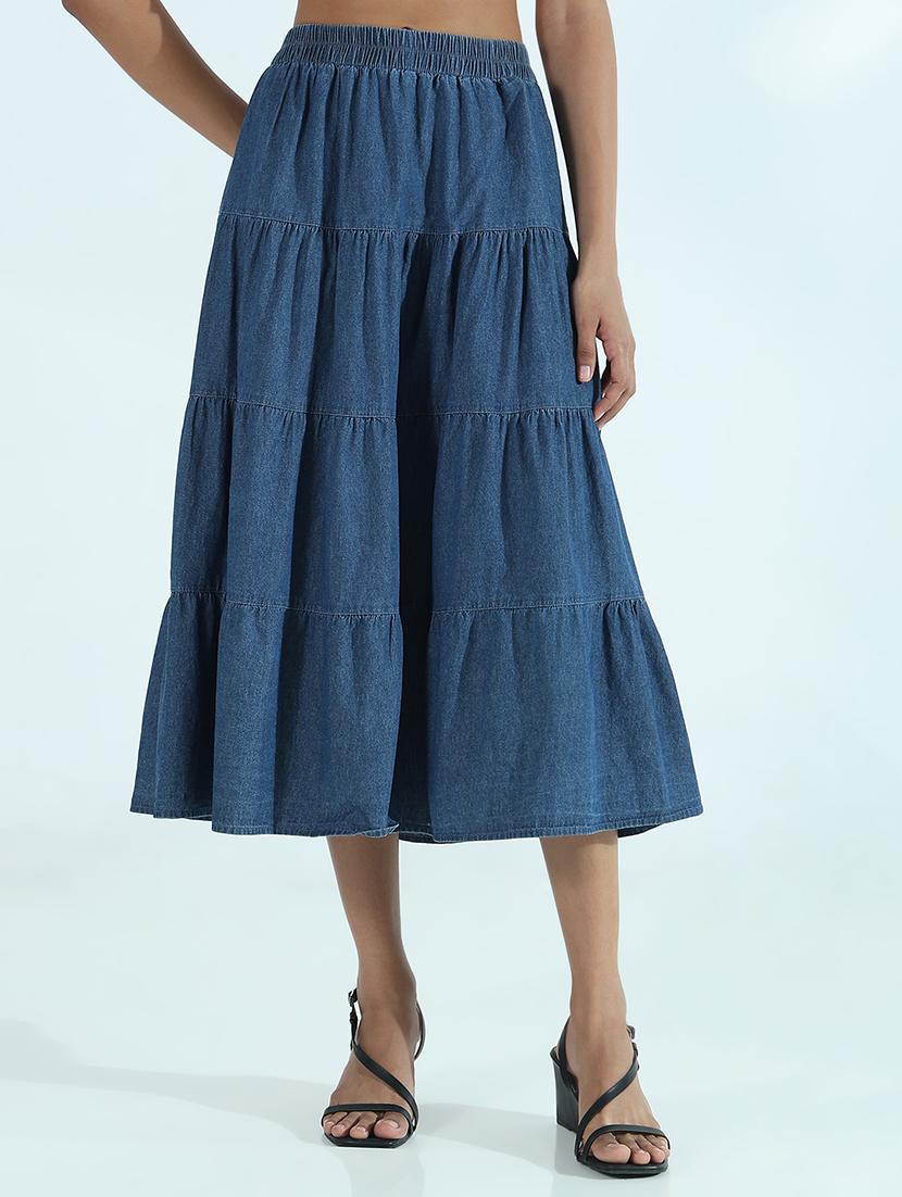 women solid mid rise denim tiered skirt - 21941769 -  Standard Image - 1