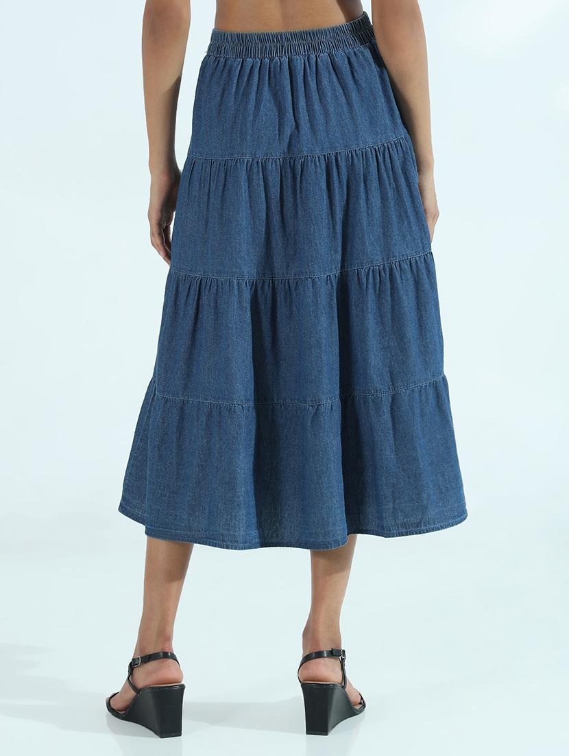women solid mid rise denim tiered skirt - 21941769 - Standard Image - 4