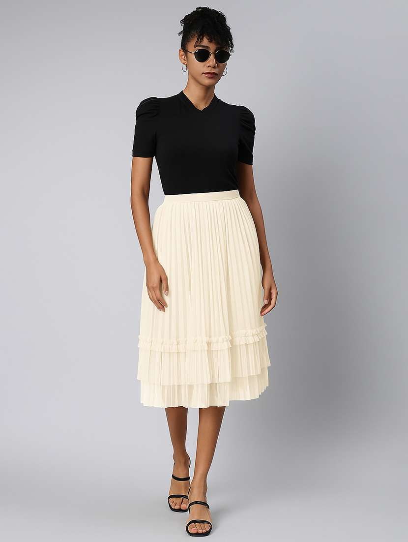 women cream solid high rise tiered skirt - 21941780 -  Standard Image - 4