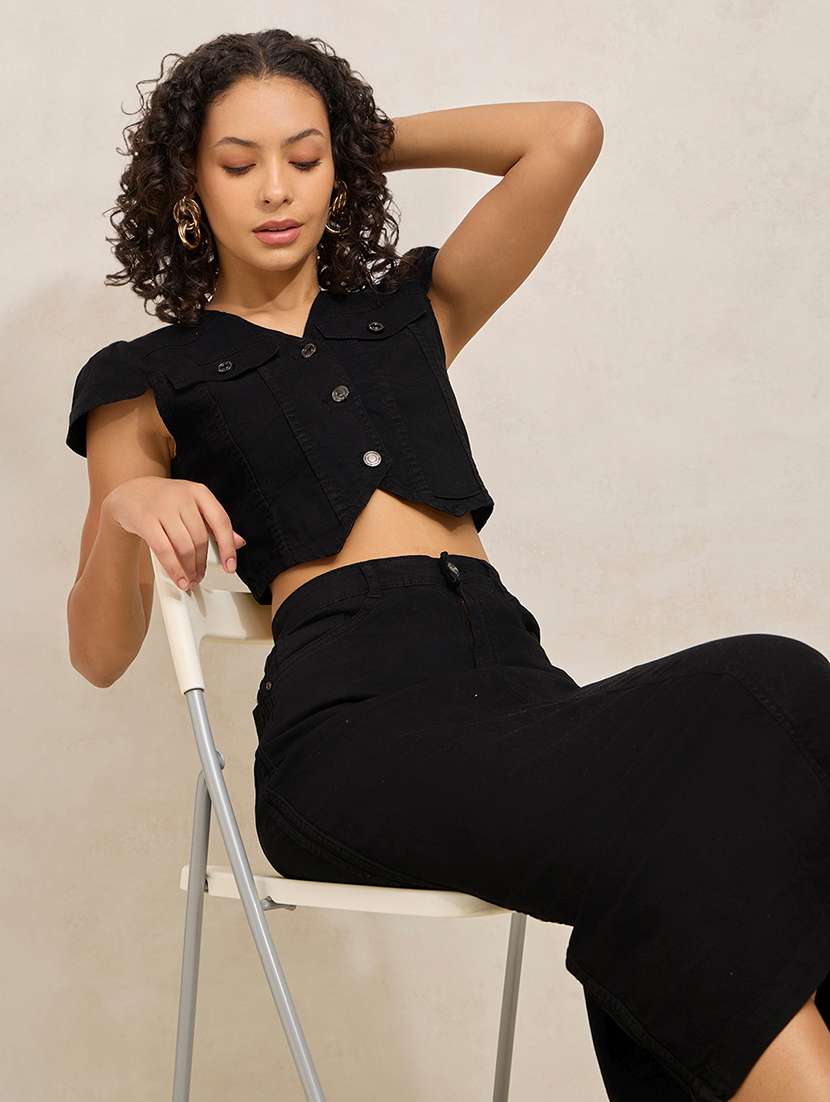 women solid denim top and skirt co-ord set