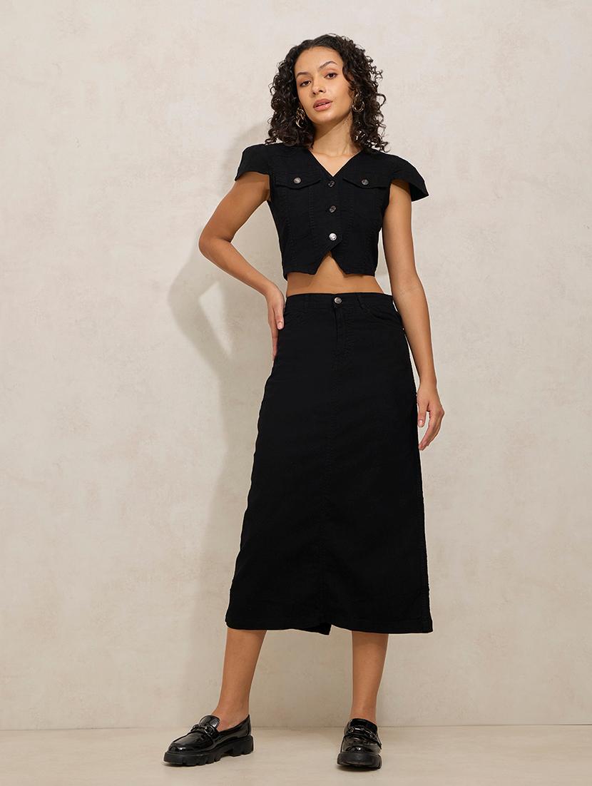 women solid denim top and skirt co-ord set - 21941785 - Standard Image - 1