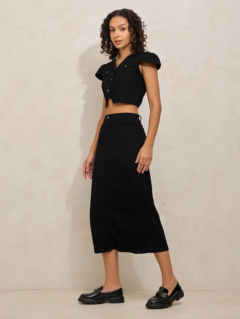 women solid denim top and skirt co-ord set - 21941785 - Standard Image - 4