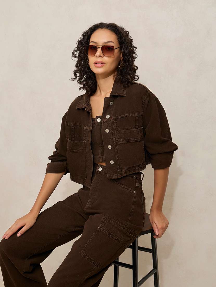 women solid denim top and trouser with jacket