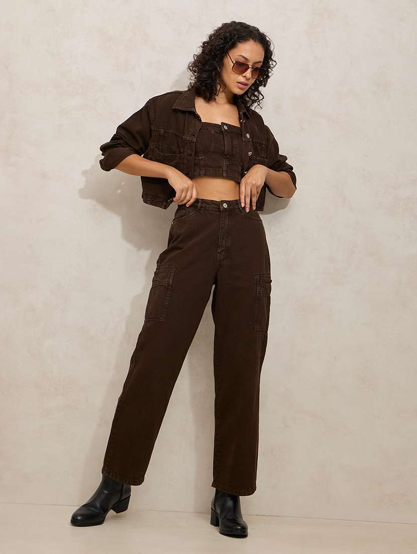 women solid denim top and trouser with jacket - 21941787 -  Standard Image - 1