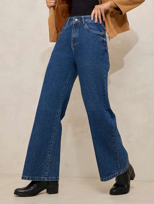 women solid high rise wide leg jean - 21941807 - Standard Image - 0