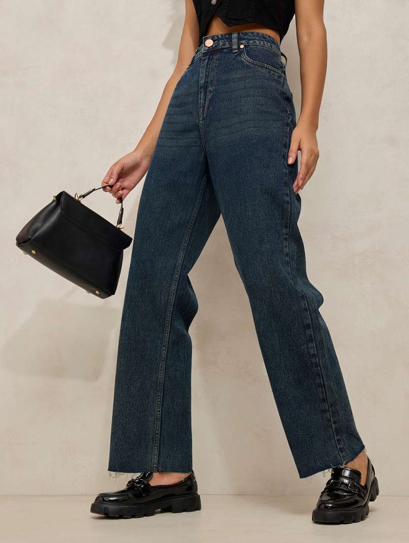 women solid high rise straight fit jean