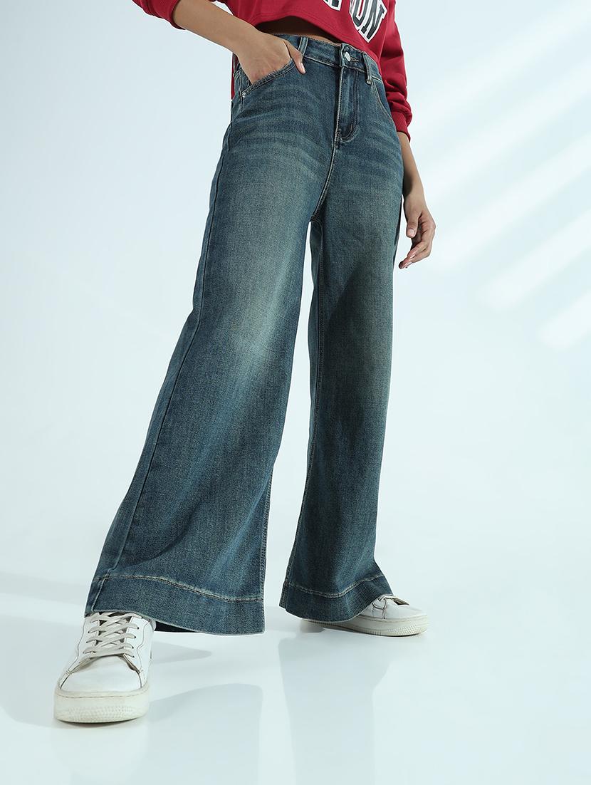 women solid mid rise wide leg jean