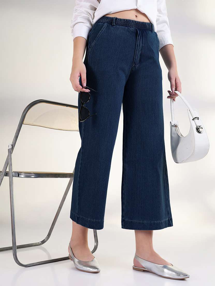 women solid mid rise wide leg jean
