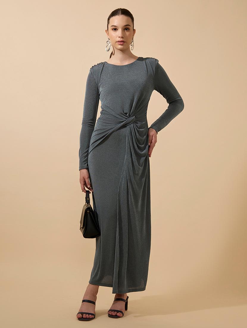 women solid twisted front long sleeves shaeth dress - 21941835 - Zoom Image - 0