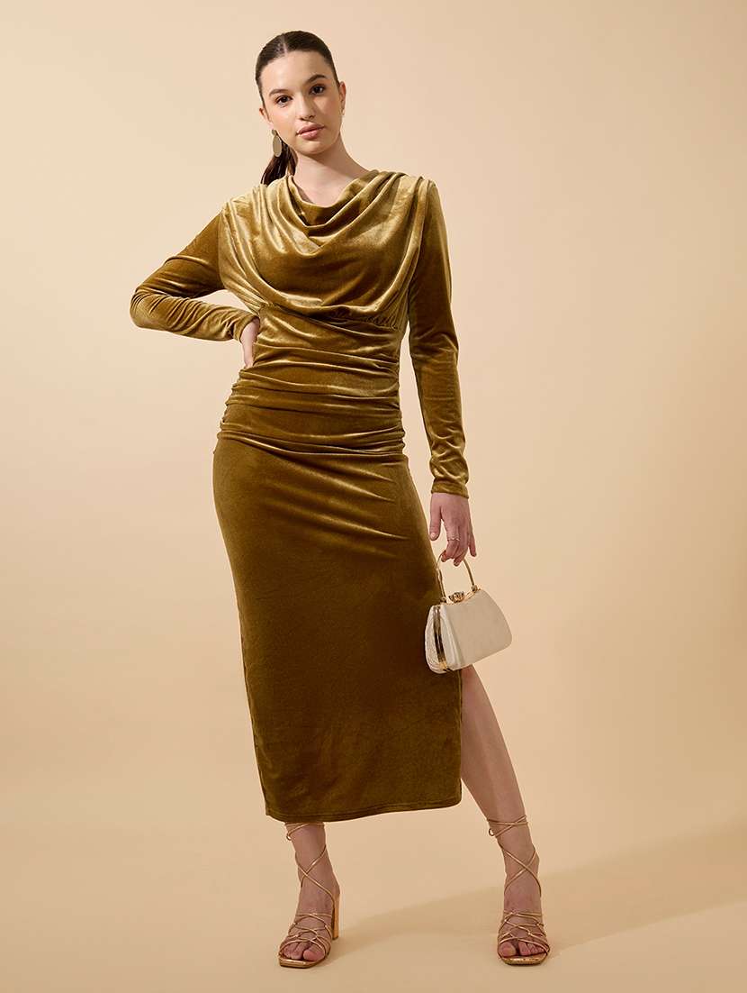 women solid long sleeve cowl neck bodycon dress