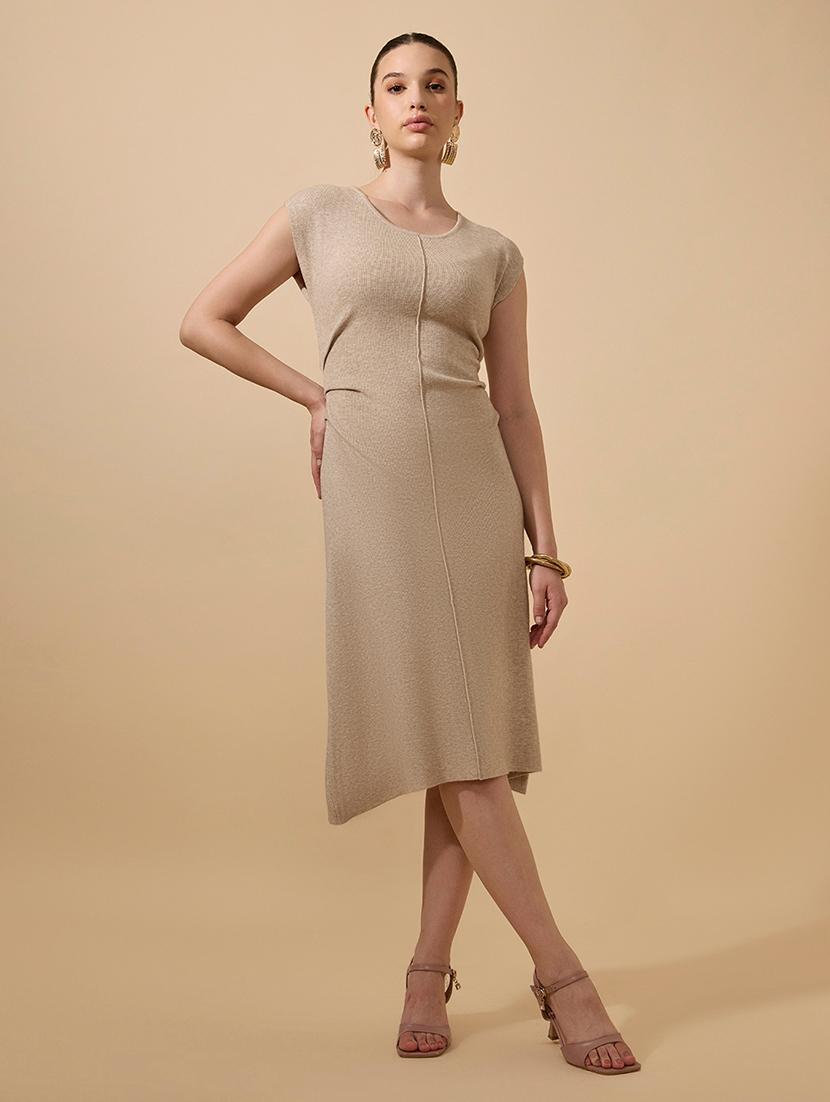 women beige solid cap sleeves a-line dress - 21941854 -  Standard Image - 1