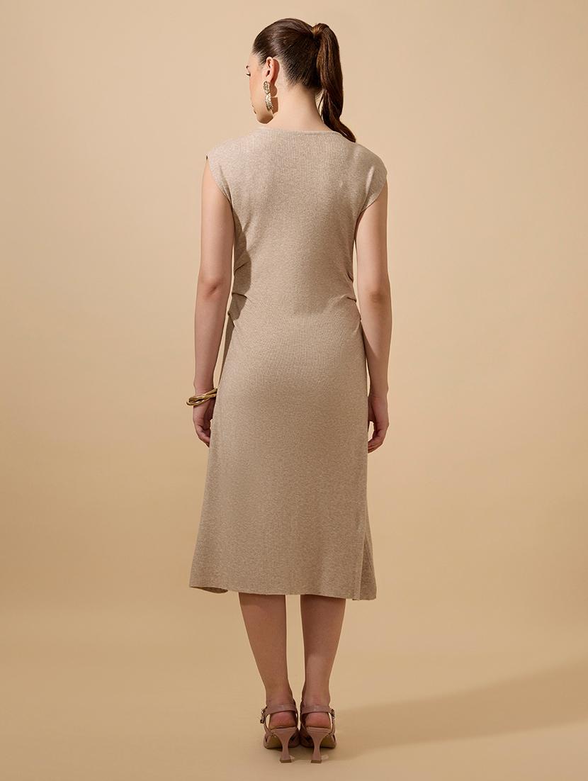 women beige solid cap sleeves a-line dress - 21941854 - Standard Image - 4